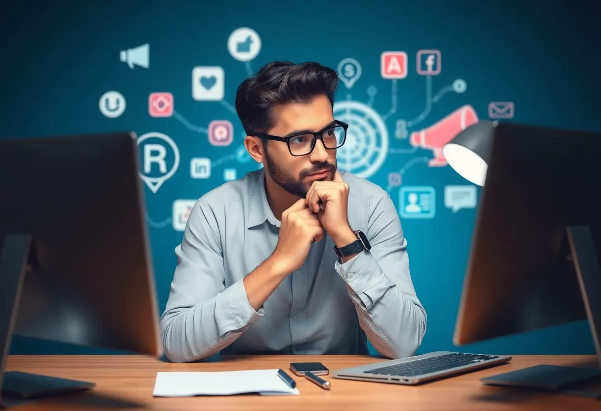 A marketer reviewing digital marketing skills with social media icons