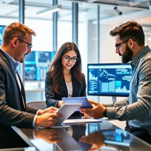 A marketing team collaborating with generative AI tools in an office