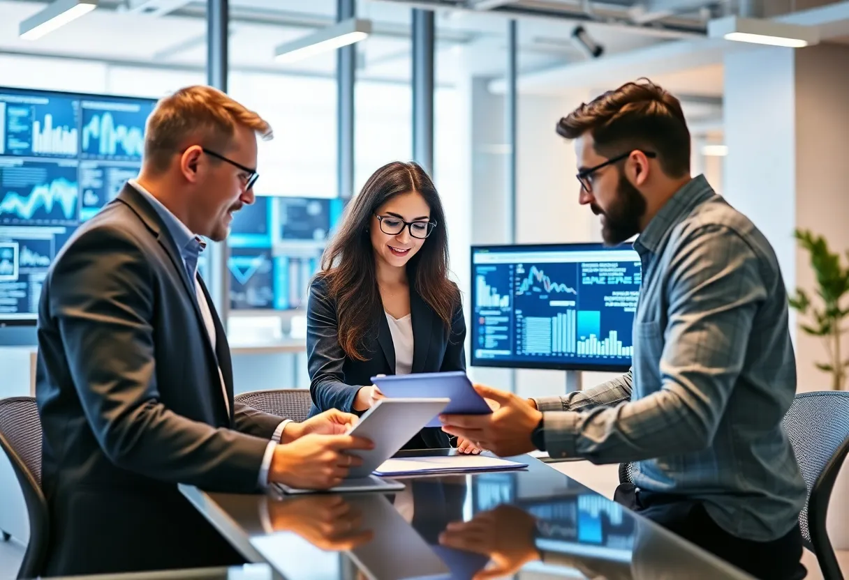 A marketing team collaborating with generative AI tools in an office
