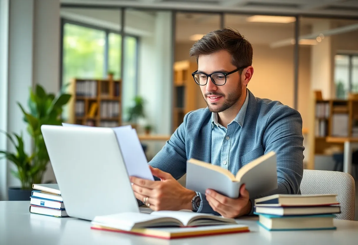 A professional studying for marketing certifications