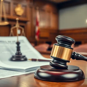 Courtroom with legal documents and gavel