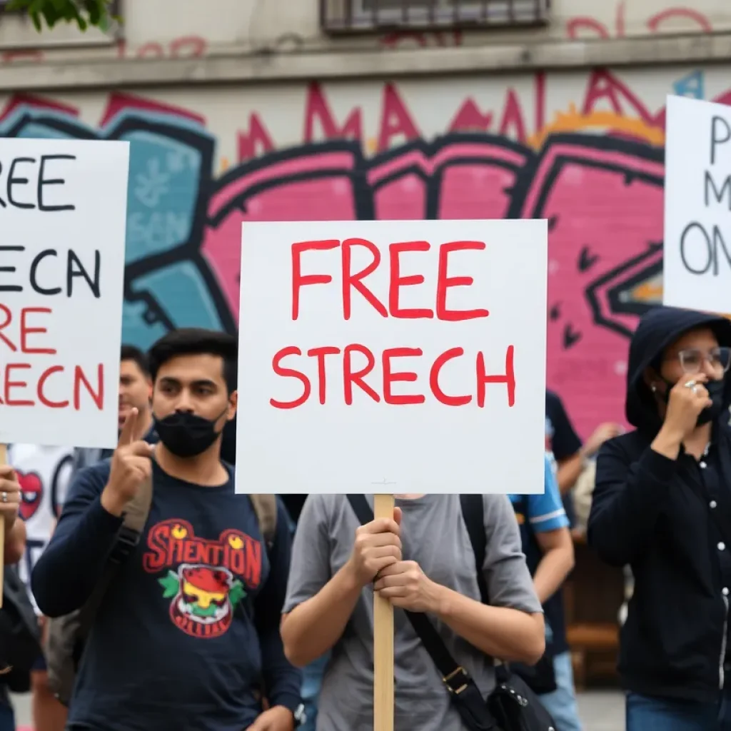 A peaceful protest scene with activists holding signs and colorful graffiti.