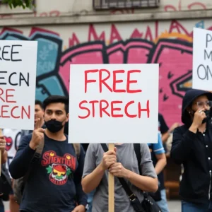 A peaceful protest scene with activists holding signs and colorful graffiti.