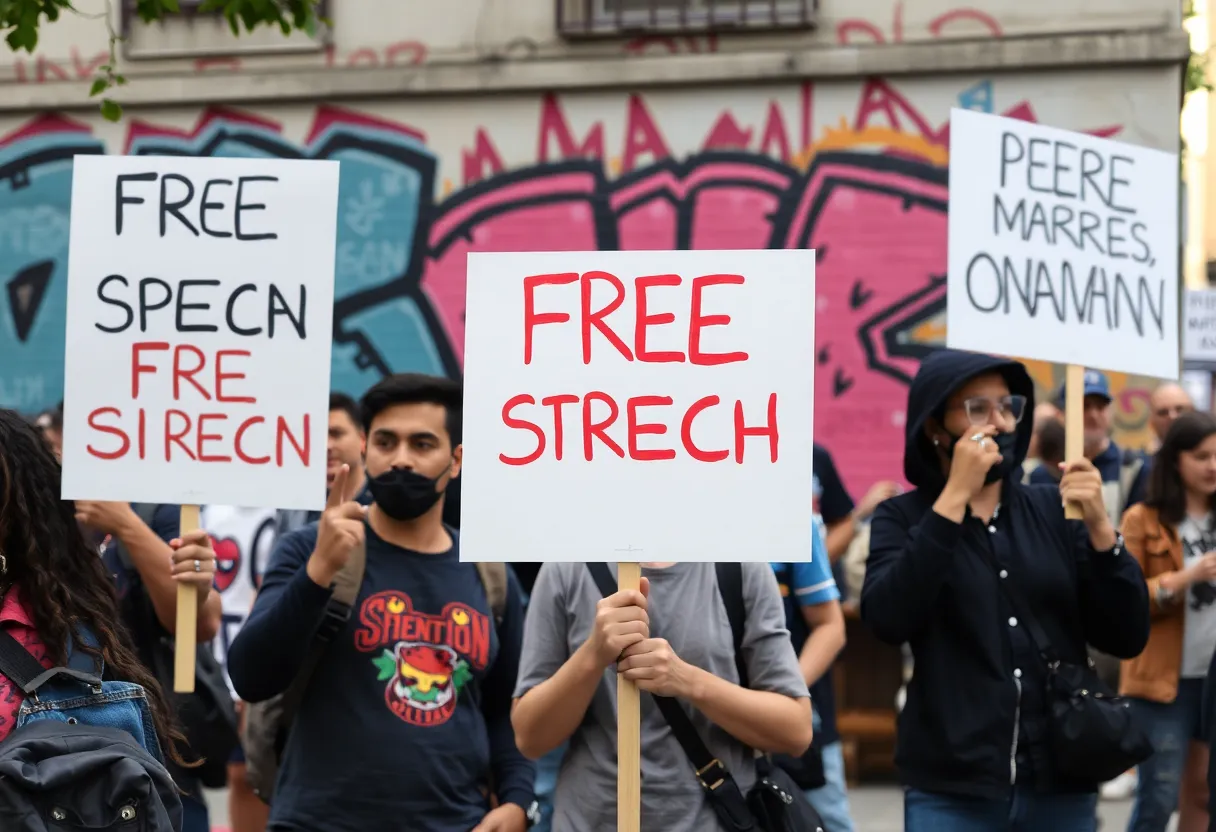 A peaceful protest scene with activists holding signs and colorful graffiti.
