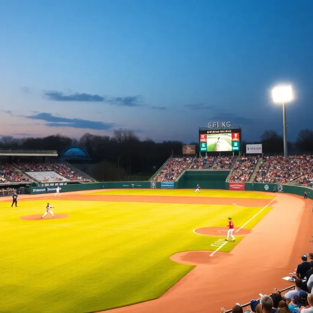 Players competing in a high school baseball game under stadium lights