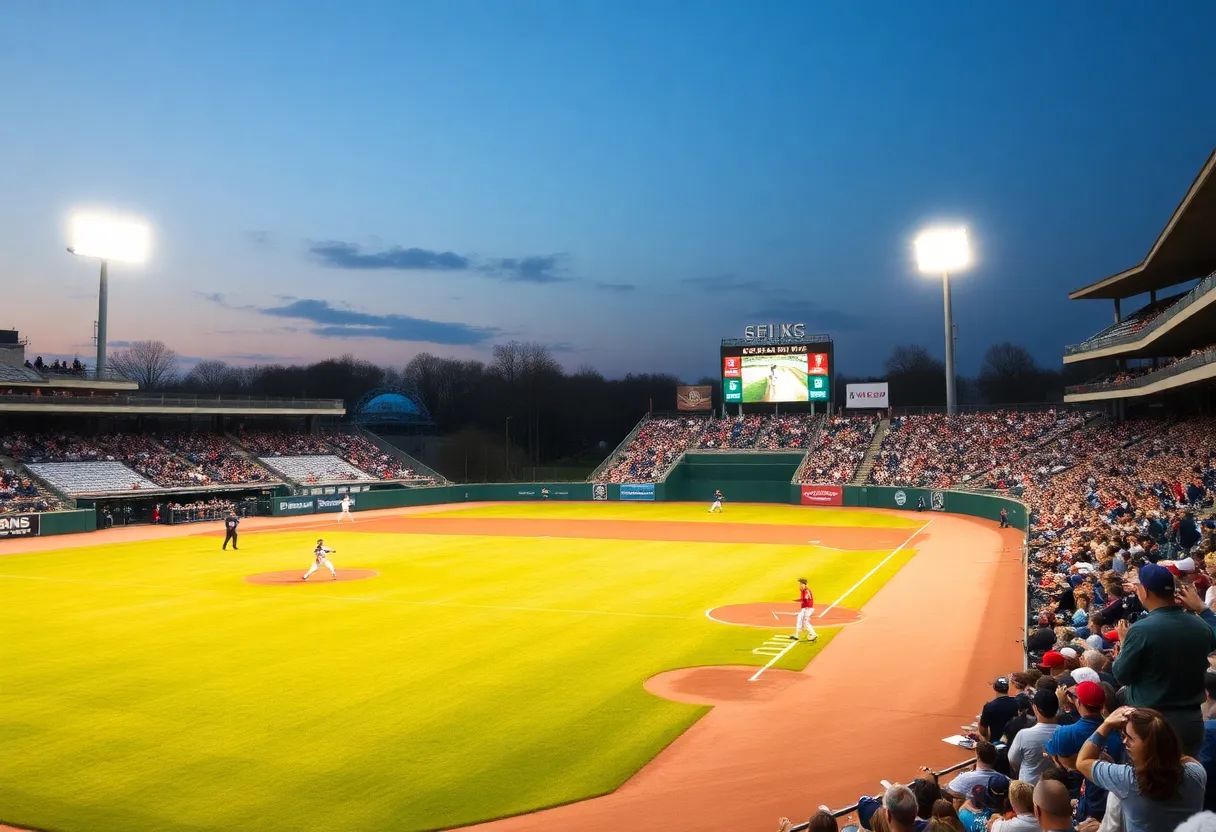 Players competing in a high school baseball game under stadium lights