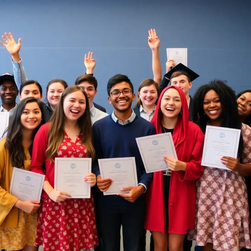 Group of high school seniors celebrating National Merit Scholarship achievements
