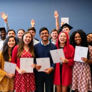 Group of high school seniors celebrating National Merit Scholarship achievements