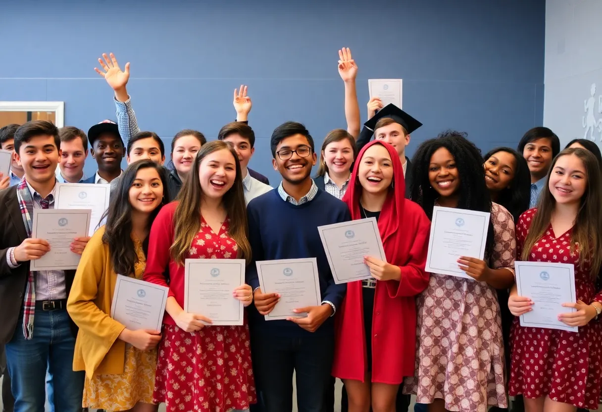 Group of high school seniors celebrating National Merit Scholarship achievements