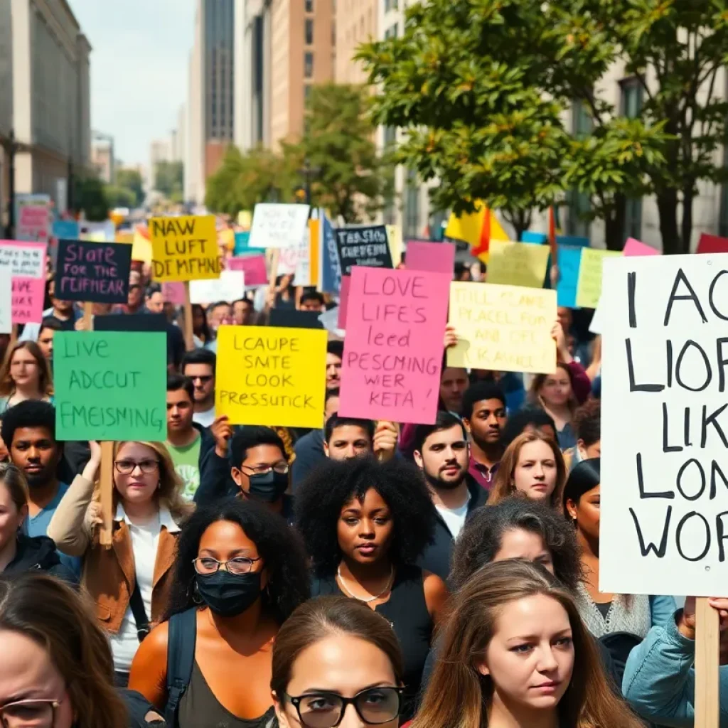 A lively protest in Michigan with diverse activists carrying signs.