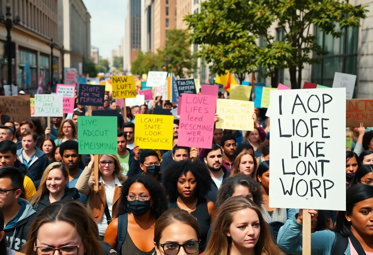 A lively protest in Michigan with diverse activists carrying signs.