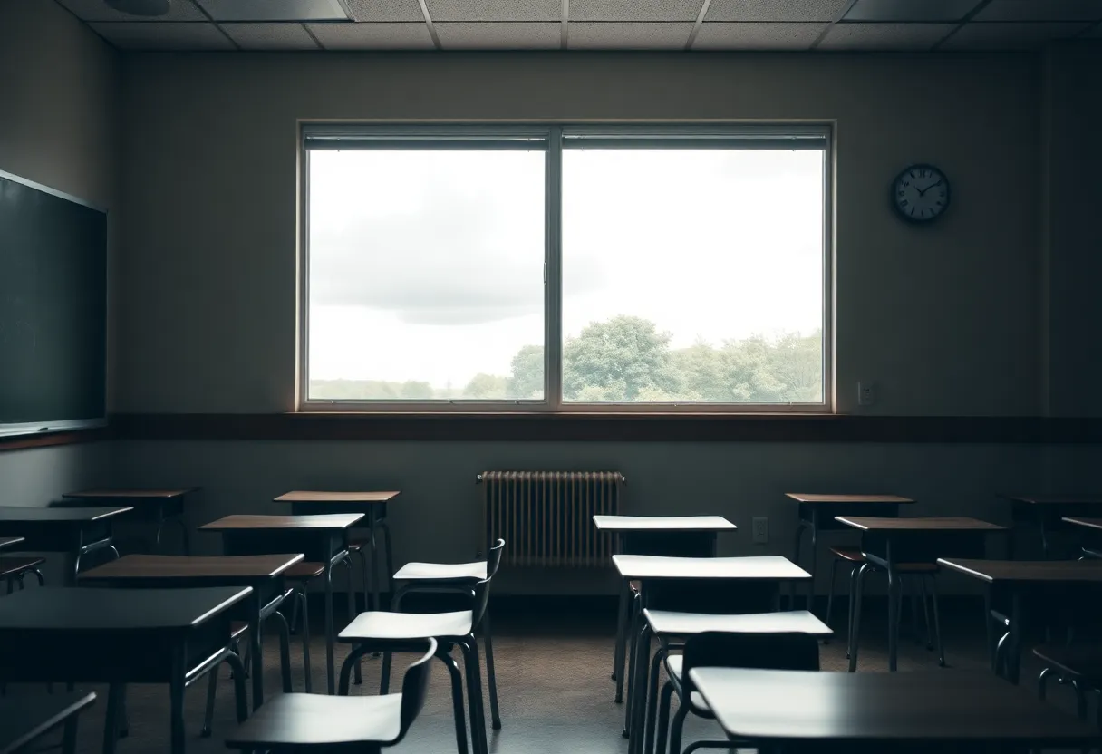 Empty classroom symbolizing Michigan school funding crisis