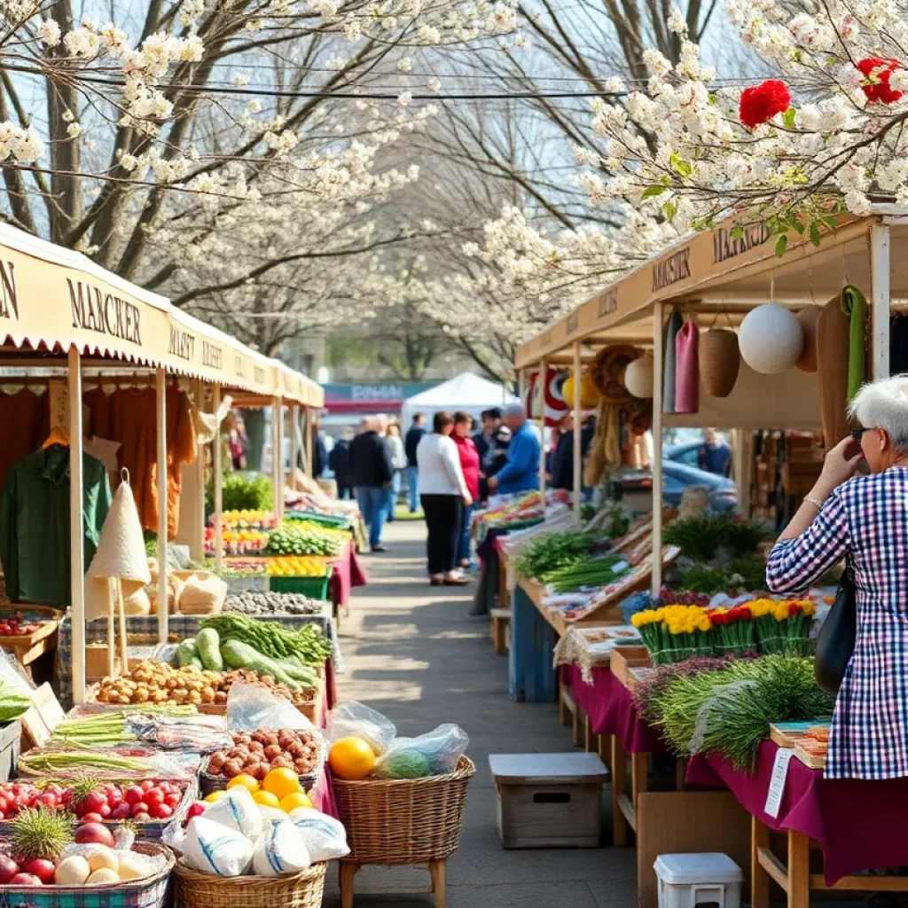 A lively spring market in Michigan displaying artisan crafts and fresh produce