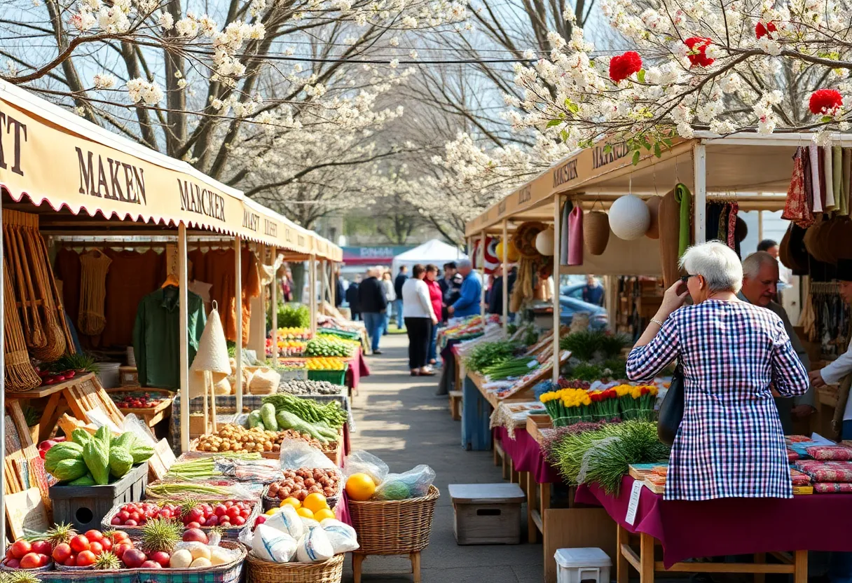 A lively spring market in Michigan displaying artisan crafts and fresh produce