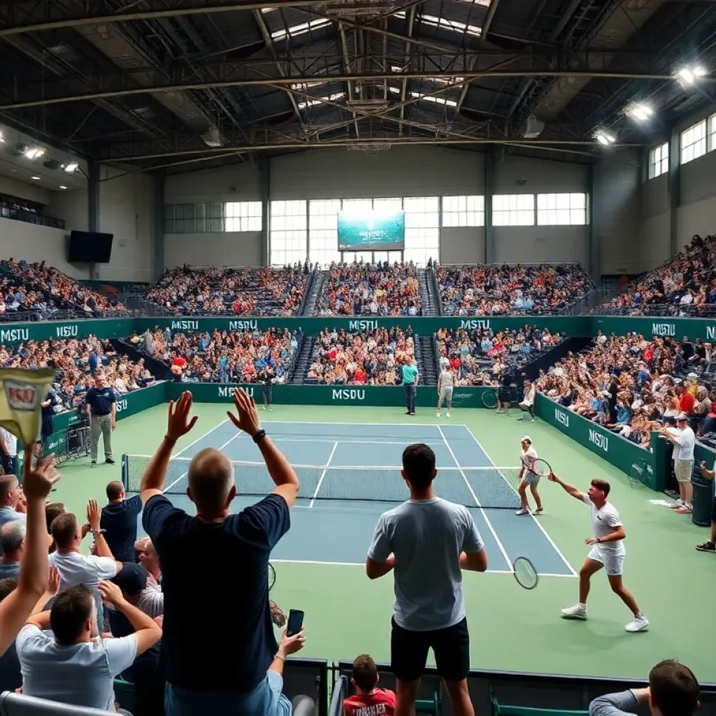 Michigan State tennis team celebrating their victory against Michigan