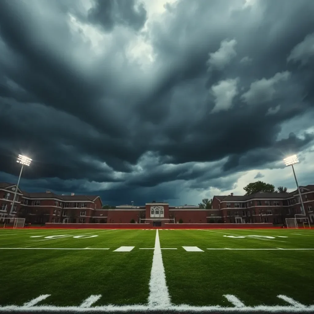 Football field at Michigan State University with stormy skies