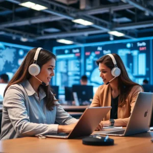 Futuristic AI service agents in a customer service environment