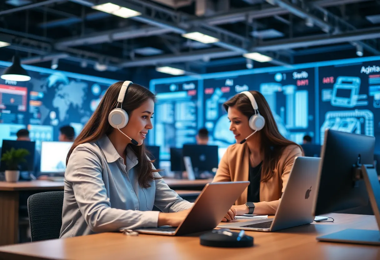 Futuristic AI service agents in a customer service environment
