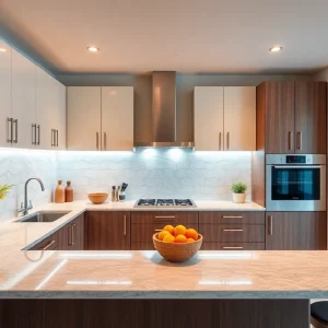 A beautifully remodeled modern kitchen featuring new cabinets and countertops.