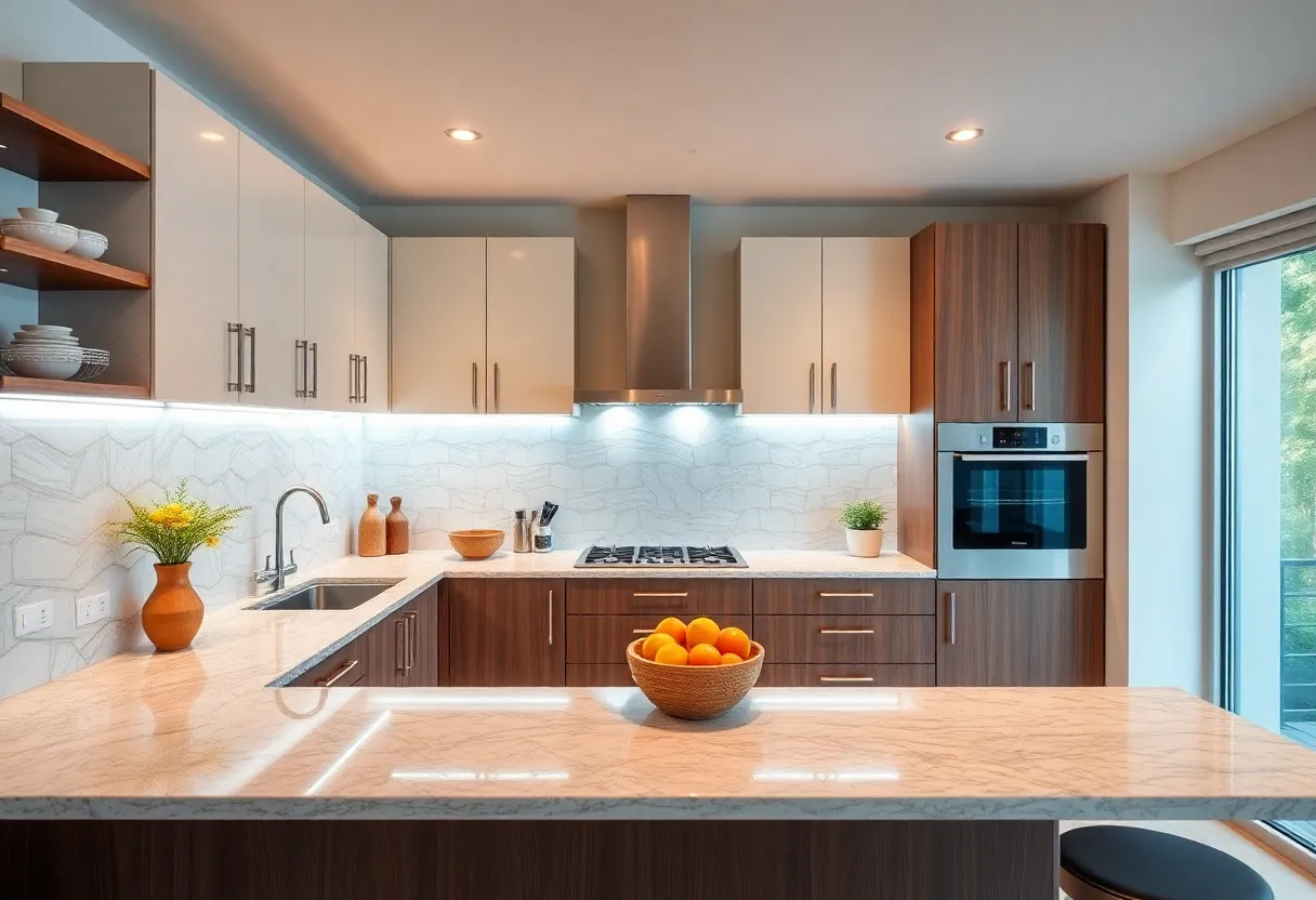 A beautifully remodeled modern kitchen featuring new cabinets and countertops.