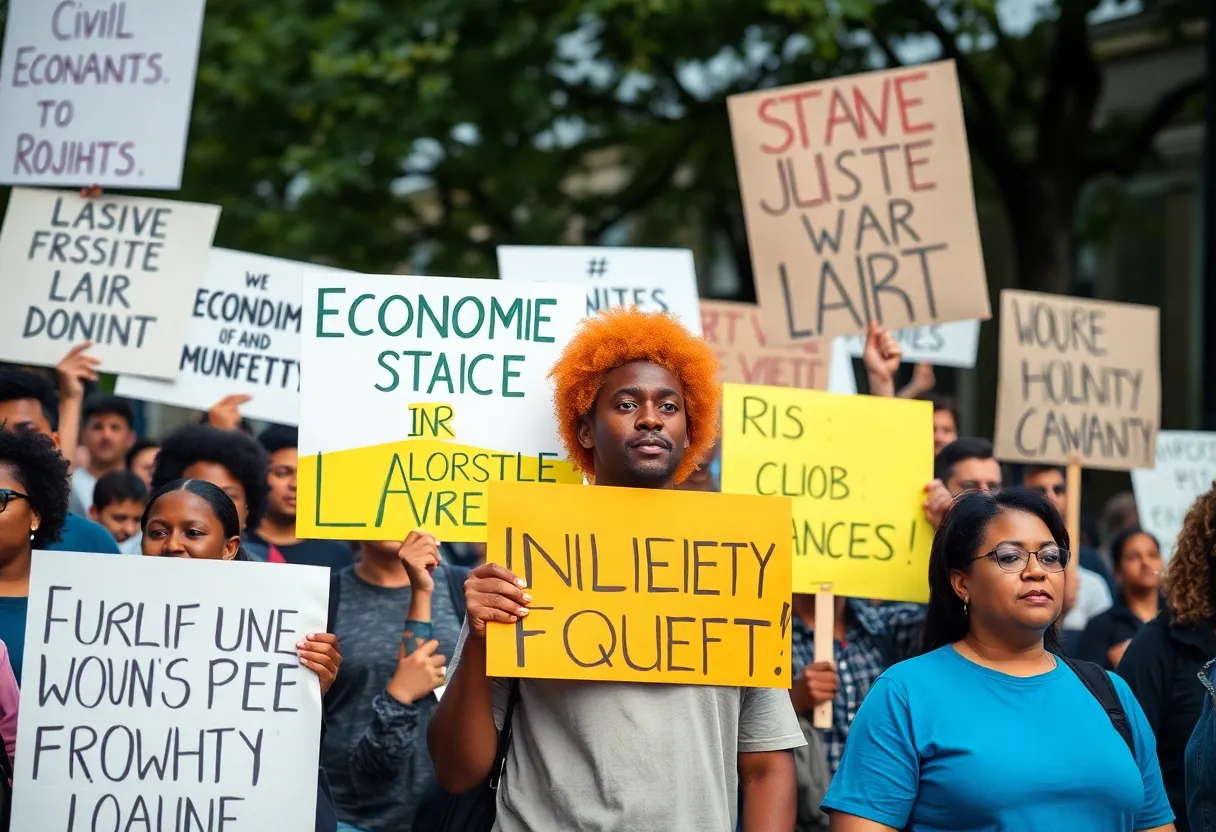 Protesters demonstrating for economic justice and accountability