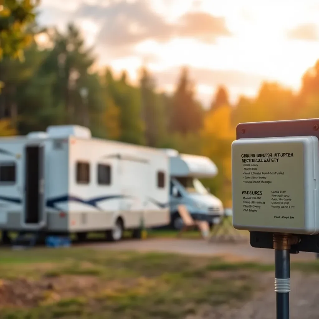 RVs parked in a campground with a focus on electrical safety features.