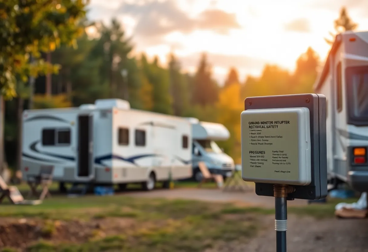 RVs parked in a campground with a focus on electrical safety features.