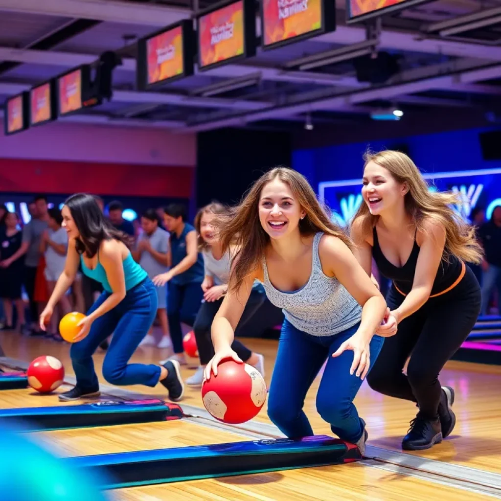 Bowling championship event with female competitors in action.