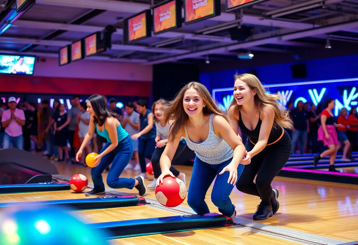 Bowling championship event with female competitors in action.