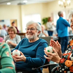 Seniors enjoying bingo and rehabilitation activities at a nursing home marketing event.