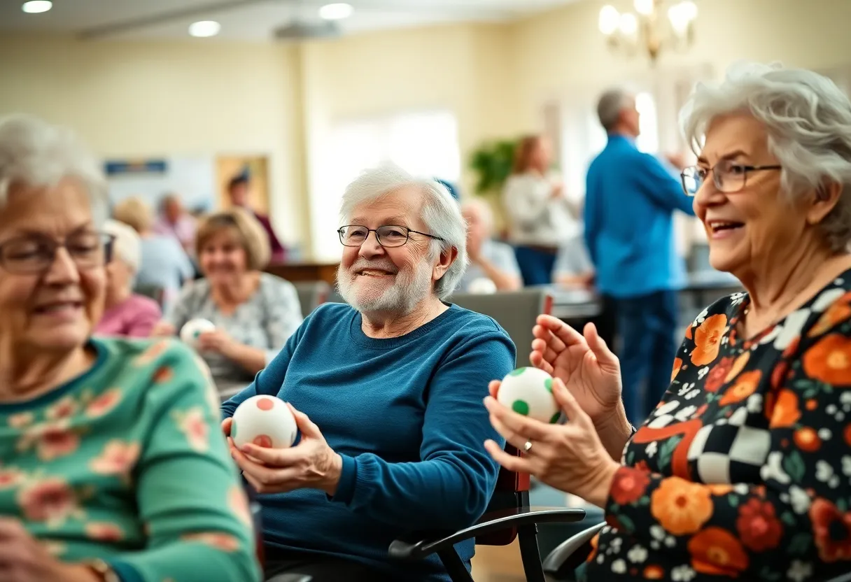 Seniors enjoying bingo and rehabilitation activities at a nursing home marketing event.