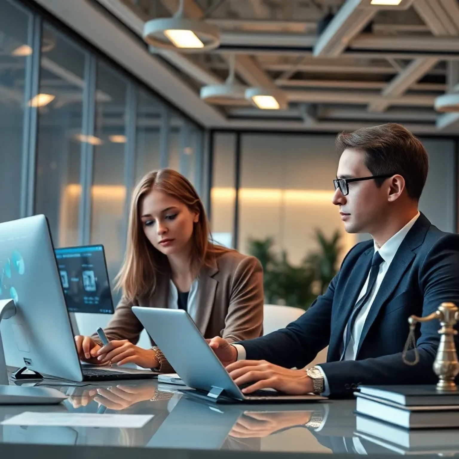 Professionals discussing legal technology in a modern office