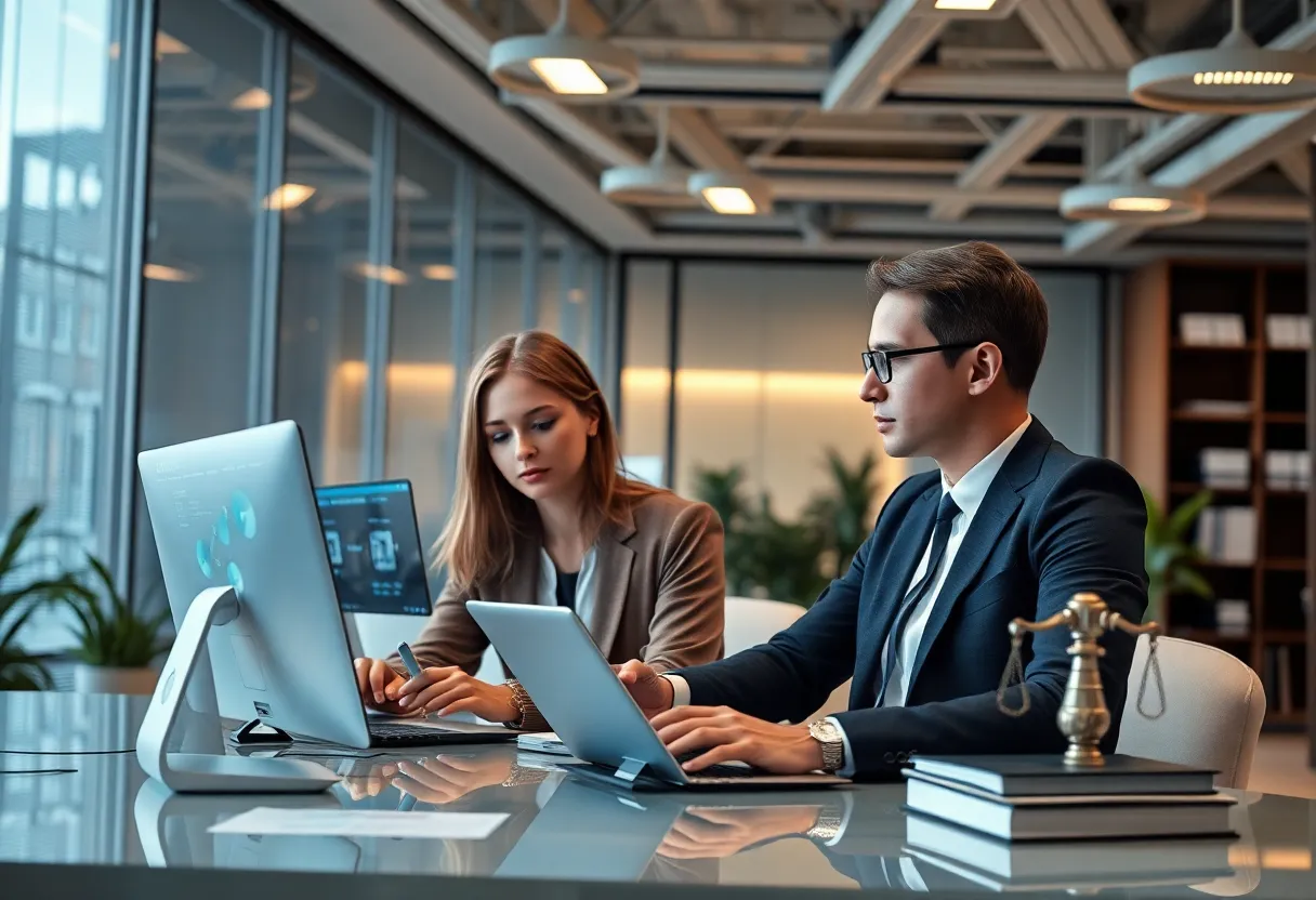 Professionals discussing legal technology in a modern office