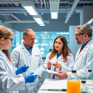Scientists collaborating in a lab on ovarian cancer clinical trials