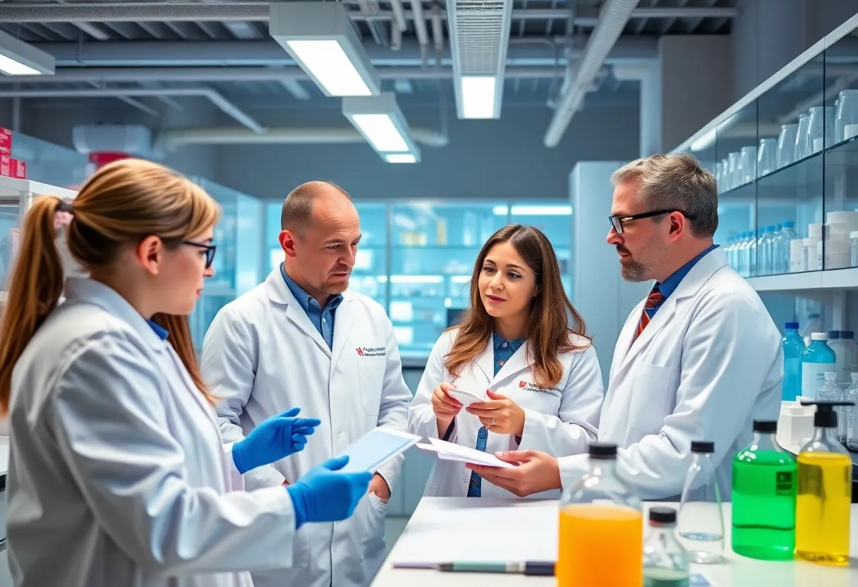 Scientists collaborating in a lab on ovarian cancer clinical trials