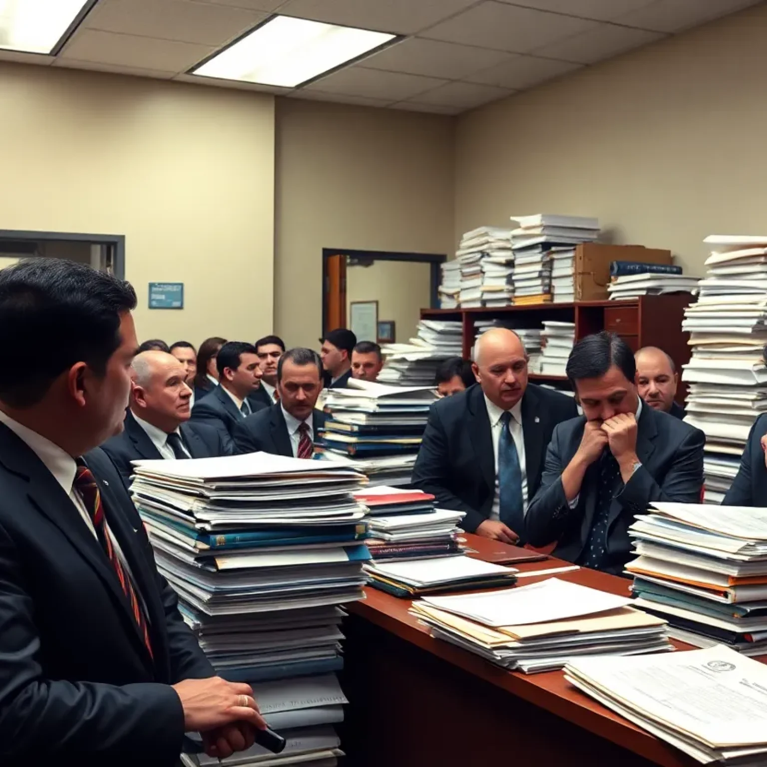 A public defender in a crowded courtroom with numerous case files.
