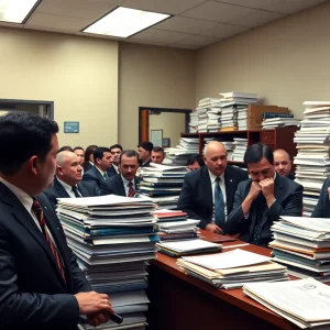 A public defender in a crowded courtroom with numerous case files.