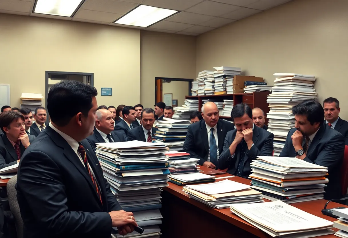 A public defender in a crowded courtroom with numerous case files.