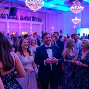 A vibrant masquerade gala with guests in elegant masks