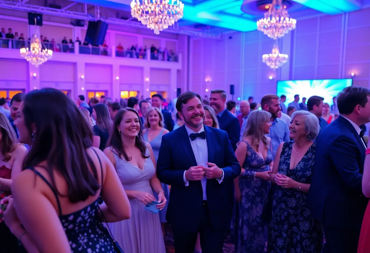 A vibrant masquerade gala with guests in elegant masks