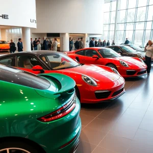 Image depicting a lively Porsche showroom with various car models.