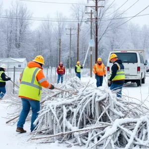 Utility crews working on power lines during winter recovery efforts in Presque Isle