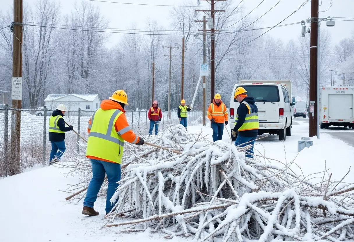 Utility crews working on power lines during winter recovery efforts in Presque Isle