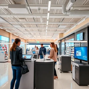 Modern grocery store showcasing advanced shopping technology and customer-friendly design.