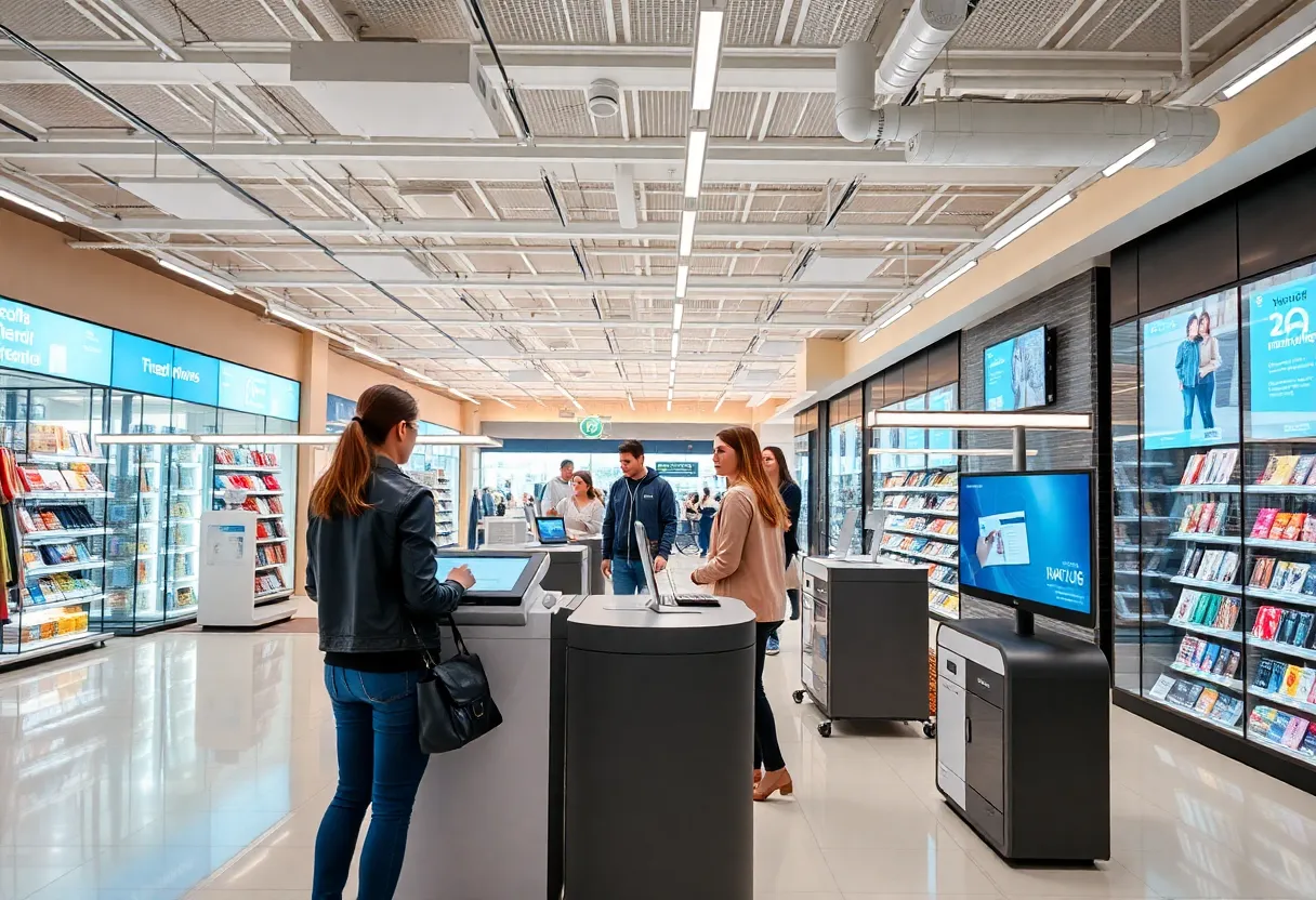 Modern grocery store showcasing advanced shopping technology and customer-friendly design.