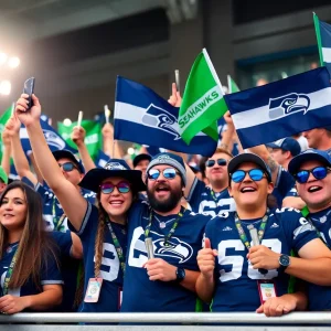 Cheerful Seahawks fans celebrating at a football event in Australia.