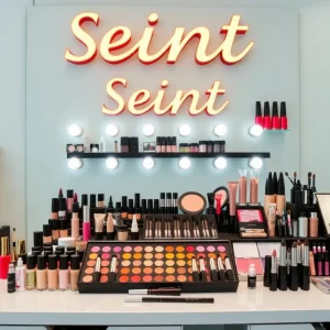 Seint Beauty makeup products displayed in an artist's workspace.