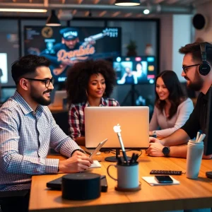 Team of social media marketers collaborating on music promotion