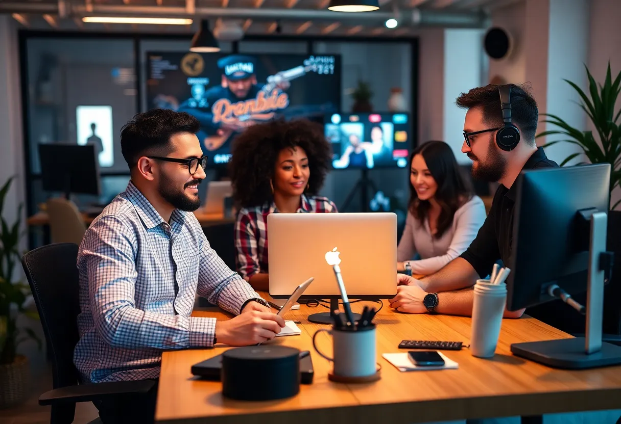 Team of social media marketers collaborating on music promotion