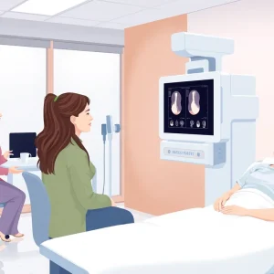 Women receiving SoftVue breast cancer screening in a modern clinic